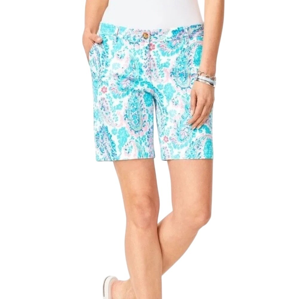 Talbots Girlfriend Chino Shorts Womens 8 Blue Pink Paisley‎ Stretch Coastal